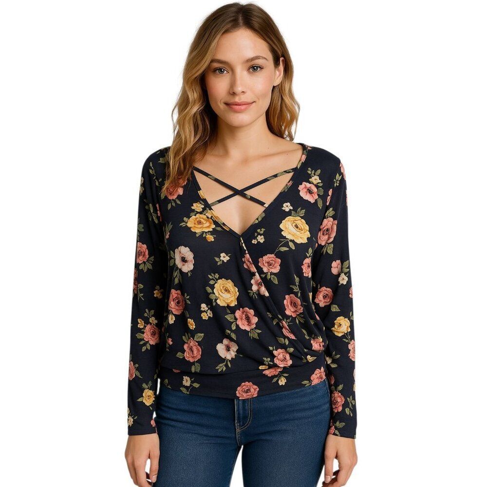 About A Girl Faux Wrap Shirt Blouse Top Floral LONG SLEEVE Women's WOMAN'S Small